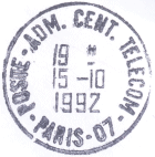 Timbre à date au type a8 avec mention : POSTE ADM. CENT. TELECO et ville /