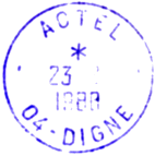 Timbre à date au type A9 avec mention : ACTEL / 