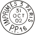 Timbre à date avec mention : IMPRIMES 3 PARIS / P.P. numéro de à 100 /