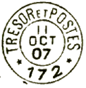 Timbre à date avec mention : TRESOR ET POSTES numéro et étoiles /