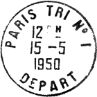 Timbre à date avec essai de 1950 avec mention "PARIS TRI N°1 DEPART /