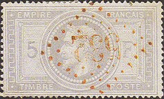 Oblitérations diverses sur 5Fr Napoléon III Lauré