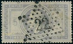 Oblitérations diverses sur 5Fr Napoléon III Lauré
