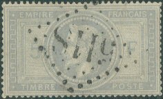 Oblitérations diverses sur 5Fr Napoléon III Lauré