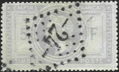Oblitérations diverses sur 5Fr Napoléon III Lauré