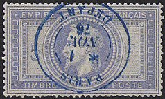 Oblitérations diverses sur 5Fr Napoléon III Lauré