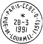 Timbre à date avec mention : PARIS - CCBE - D / - RUE DE LOURMEL (15E) -