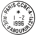 Timbre à date avec mention : PARIS - CCBE - A / - RUE D'ABOUKIR (2E) -