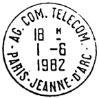 Timbre à date avec mention : AG.COM.TELECOM. / - PARIS - JEANNE - D'ARC -
