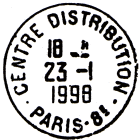 Timbre  date avec mention : CENTRE DISTRIBUTION / - PARIS-8E - / 