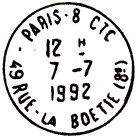 Timbre à date avec mention : PARIS-8 CTC / - 49 RUE-LA BOETIE (8E) -