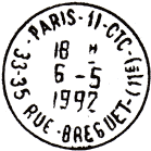 Timbre  date avec mention : PARIS-11-CTC / - 33-35 RUE-BREGUET-/11E) - / 