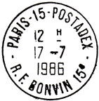 Timbre  date avec mention : PARIS-15-POSTADEX / - R.F. BONVIN 15E - / 