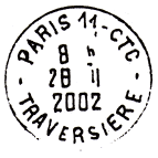 Timbre  date avec mention : PARIS 11 - CTC / - TRAVERSIERE - / 