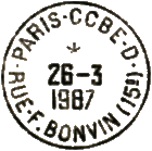 Timbre  date avec mention : PARIS - CCBE - D / - RUE F. BONVIN (15e) - / 