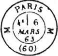 Timbres  date des bureaux de quartier avec mention PARIS, sur les cots lettre du bureau sans parenthses et 60 avec parenthses