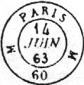 Timbres à date des bureaux de quartier avec mention PARIS, sur les cotés lettre du bureau sans parenthèses et 60
