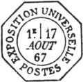 Timbre  date octogonal de l'exposition Universelle de 1867 avec mention : EXPOSITION UNIVERSELLE POSTES
