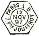 Timbre à date hexagonal avec mention PARIS, numéro bureau et adresse