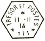 Timbre à date hexagonal avec mention TRESOR ET POSTE chiffre et étoiles