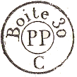 Timbre circulaire mention BOITE, numro, lettre dans le bas et lettres PP au centre