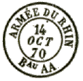 Timbre à date au type 15 avec mention ARMEE DU RHIN Bau et 2 lettres