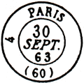 Timbre à date au type 15 avec mention Paris 60 et échoppé à droite