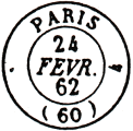 Timbre à date au type 15 avec mention Paris 60 et échoppé à gauche