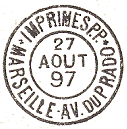 Timbre  date circulaire avec mention IMPRIMES PP, nom de ville et adresse bureau / 