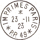 Timbre  date circulaire avec mention IMPRIMES PP, numro et nom de ville / 
