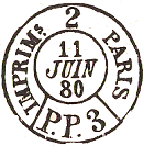 Timbre  date circulaire mention IMPRIMES, numro, mention PARIS PP et avec chiffre dans le haut / 